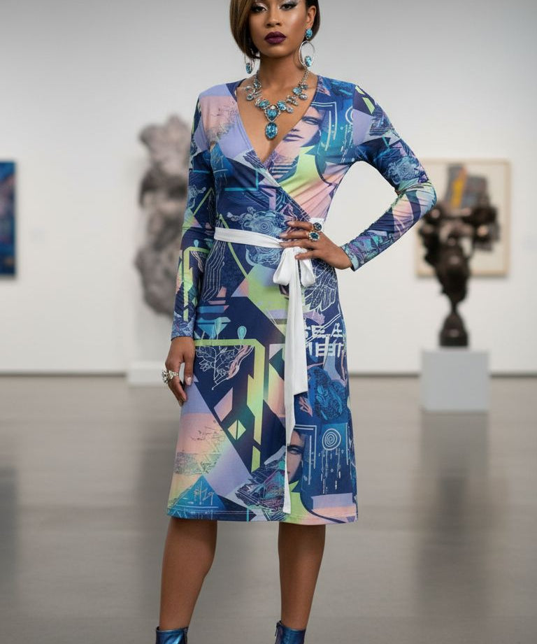 Blue multicolor graphic wrap dress with V-neck, long sleeves and above‑knee length