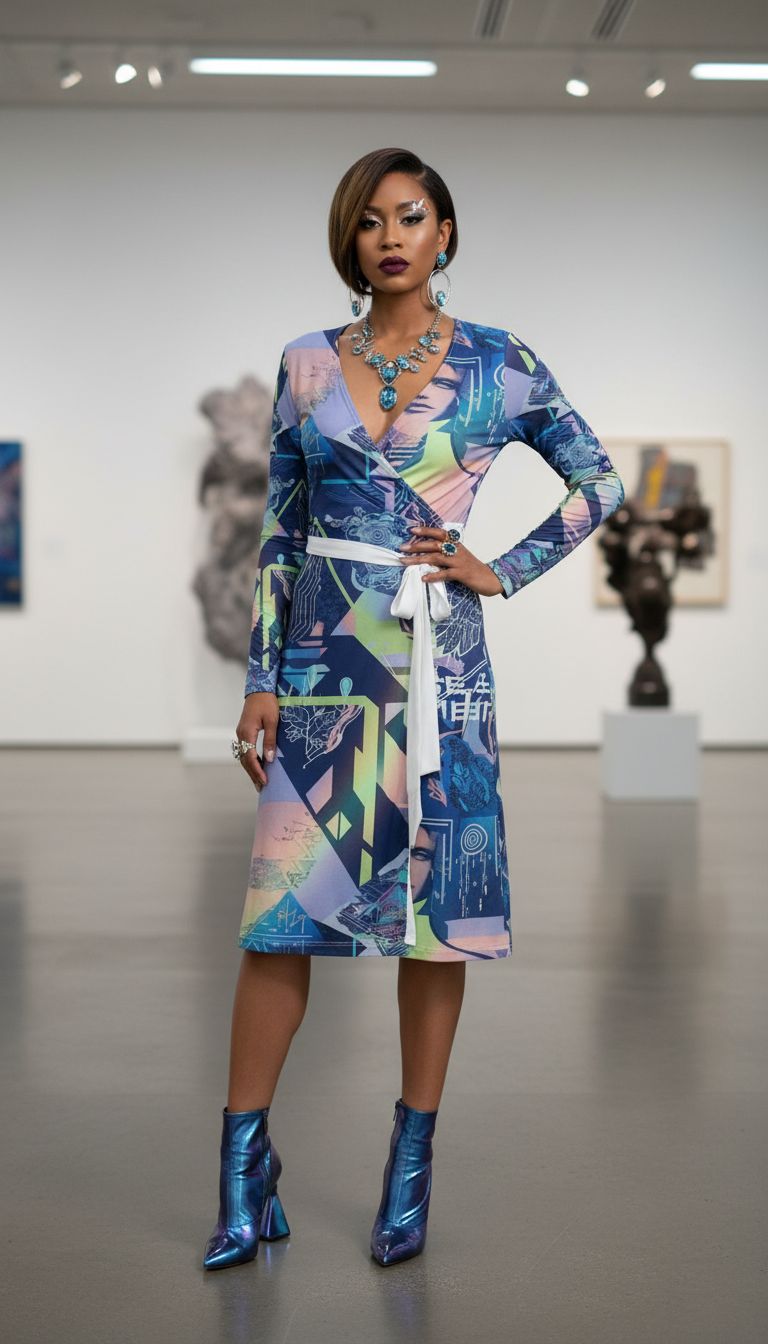 Rich and Rich Blue Graphic Multicolor Women's Wrap Dress