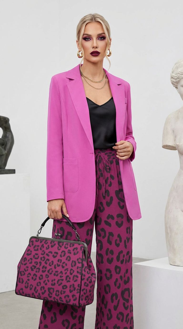 Rich and Rich Magenta Animal Print Blazer Pants Purse Bundle