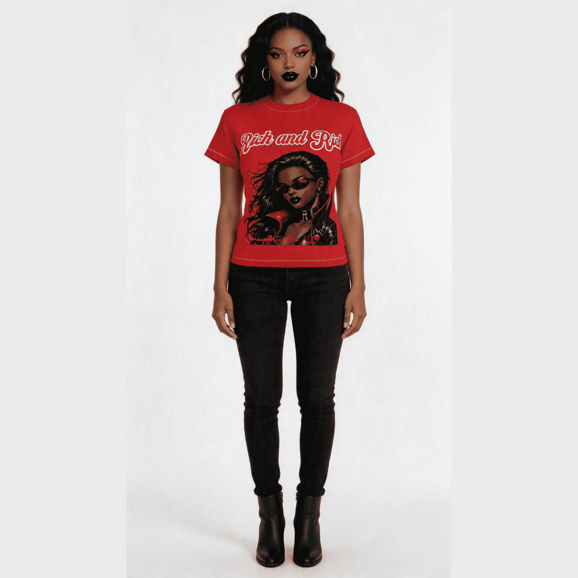Women's vibrant red all-over graphic T-shirt with bold printed design