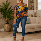 Women's blue multicolor pants set with off-shoulder V-neck top and navy blazer — additional view 10