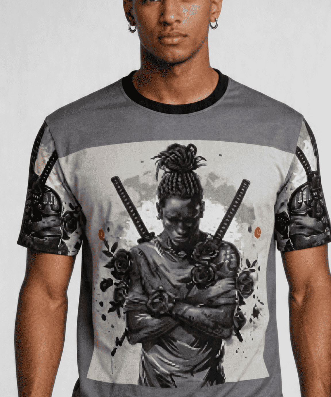 Grey long-sleeve men's T-shirt with ninja graphic and swords formed from black rose petals