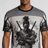 Grey long-sleeve men's T-shirt with ninja graphic and swords formed from black rose petals