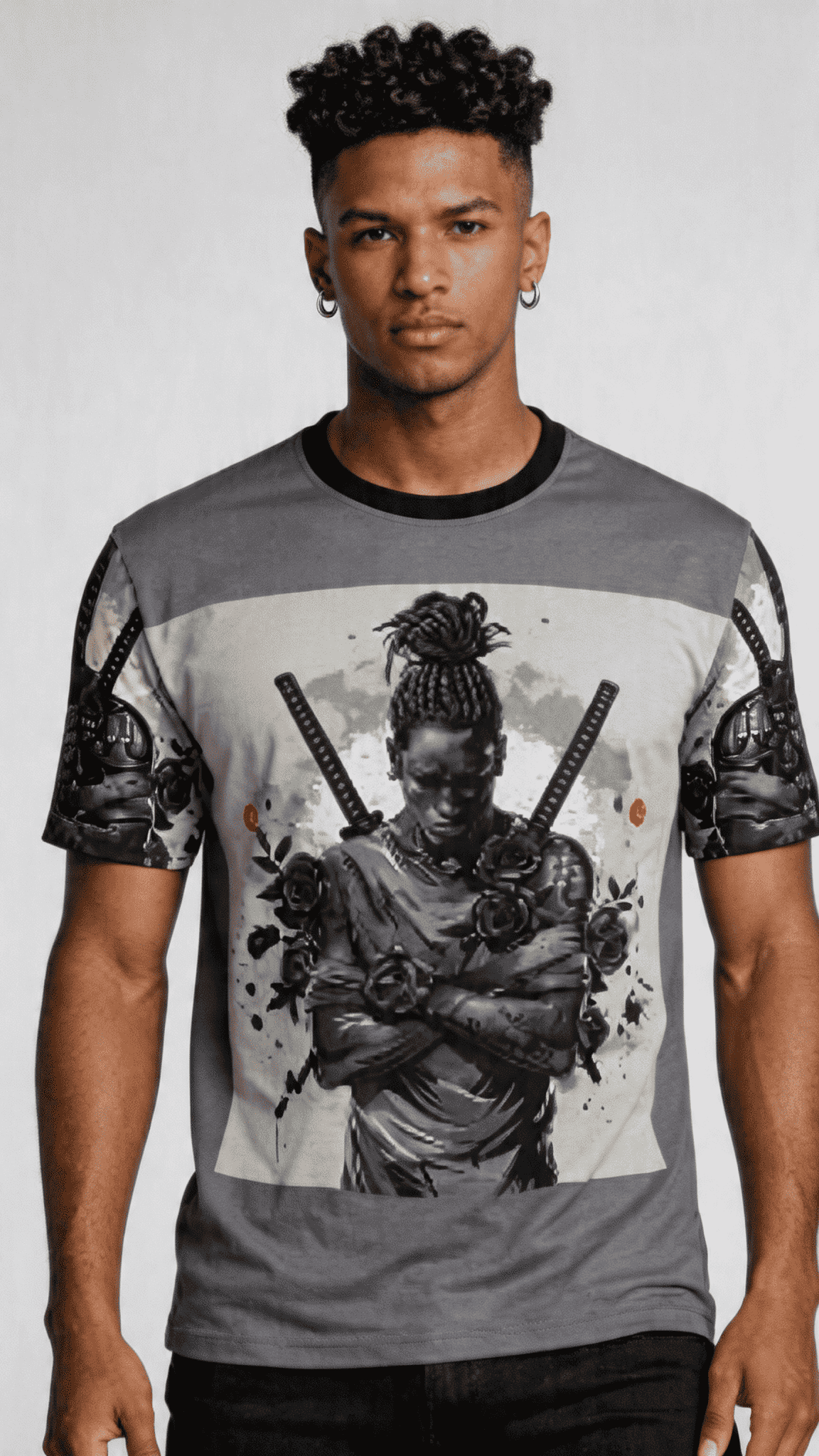 Grey long-sleeve men's T-shirt with ninja graphic and swords formed from black rose petals