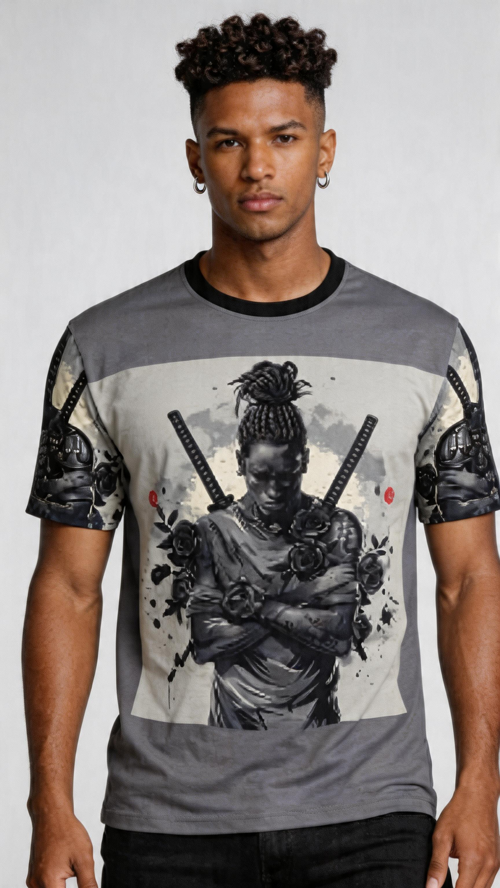 Rich and Rich Ninja With Swords Made Of Black Roses Grey Men's T-Shirt