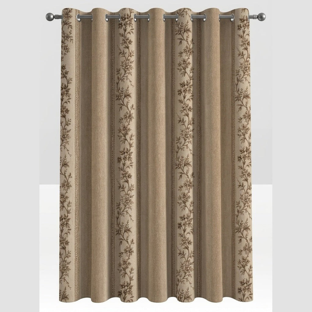 Beige botanical print blackout curtain with silver grommets