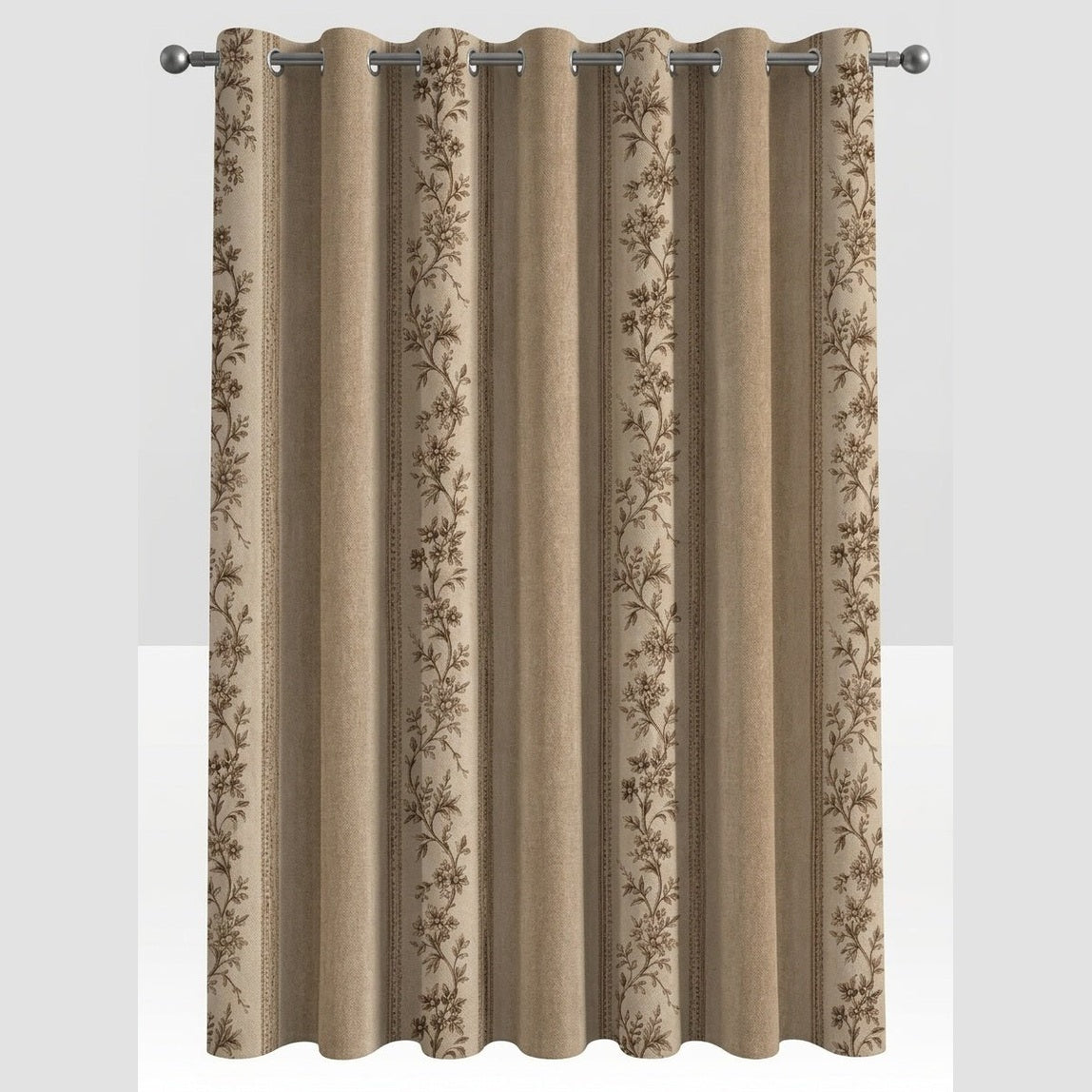 Beige botanical print blackout curtain with silver grommets
