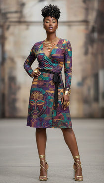 Multicolor African print wrap dress with long sleeves, V-neck and belt tie