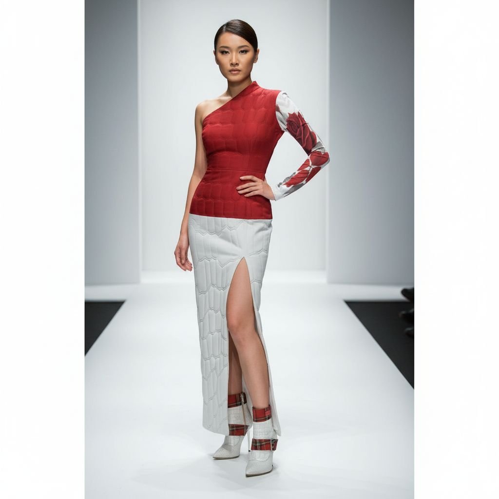 One-shoulder red and white rose maxi dress with padded shoulder and side slit