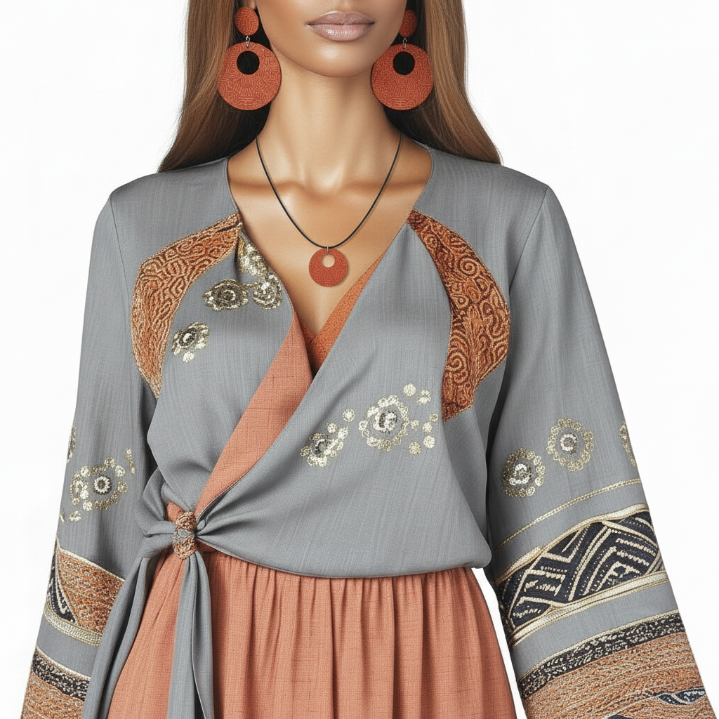 Orange Feng Shui inspired wooden pendant necklace with organic shapes on black faux suede cord