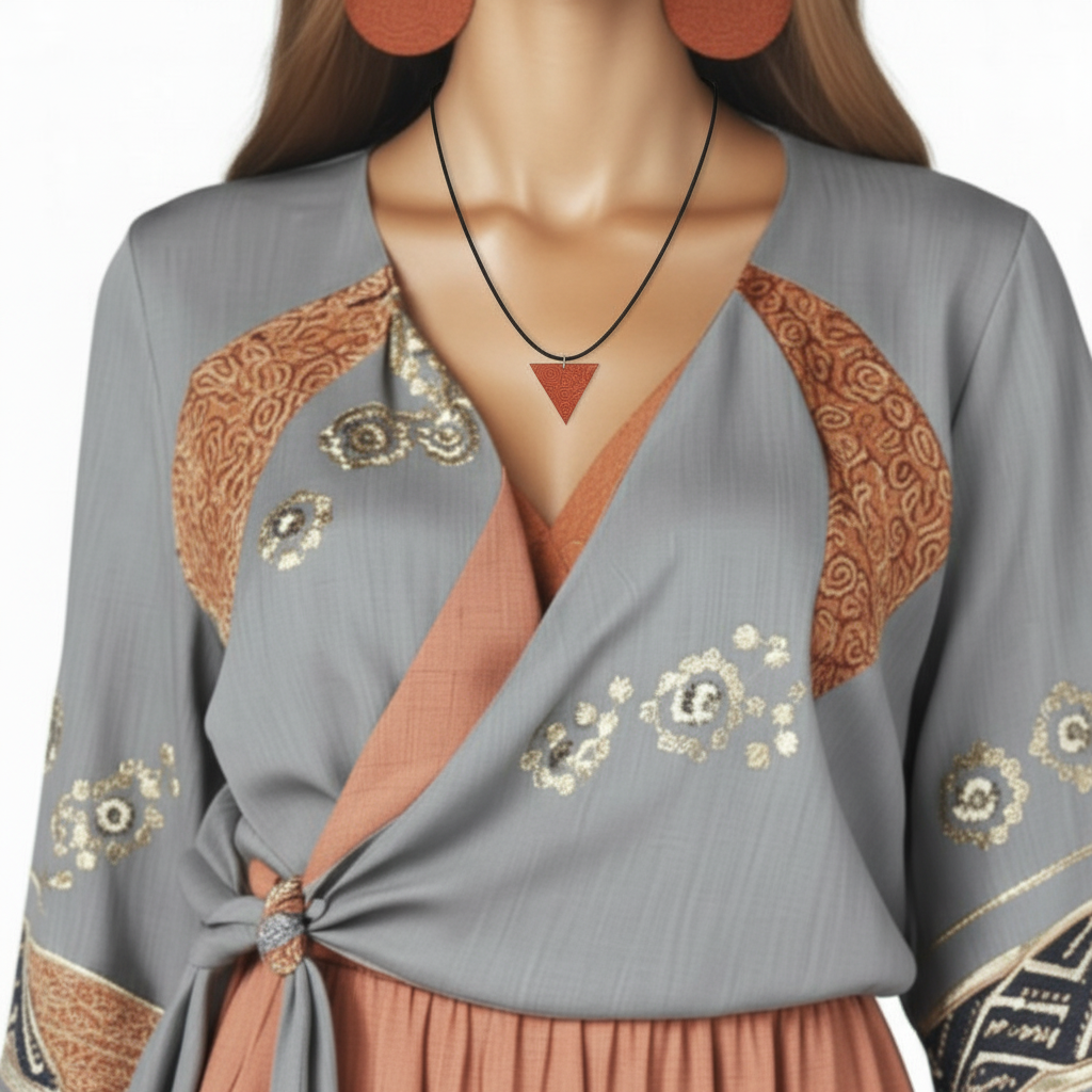 Orange Feng Shui Inspired Wooden Pendant Necklace with Geometric Shapes