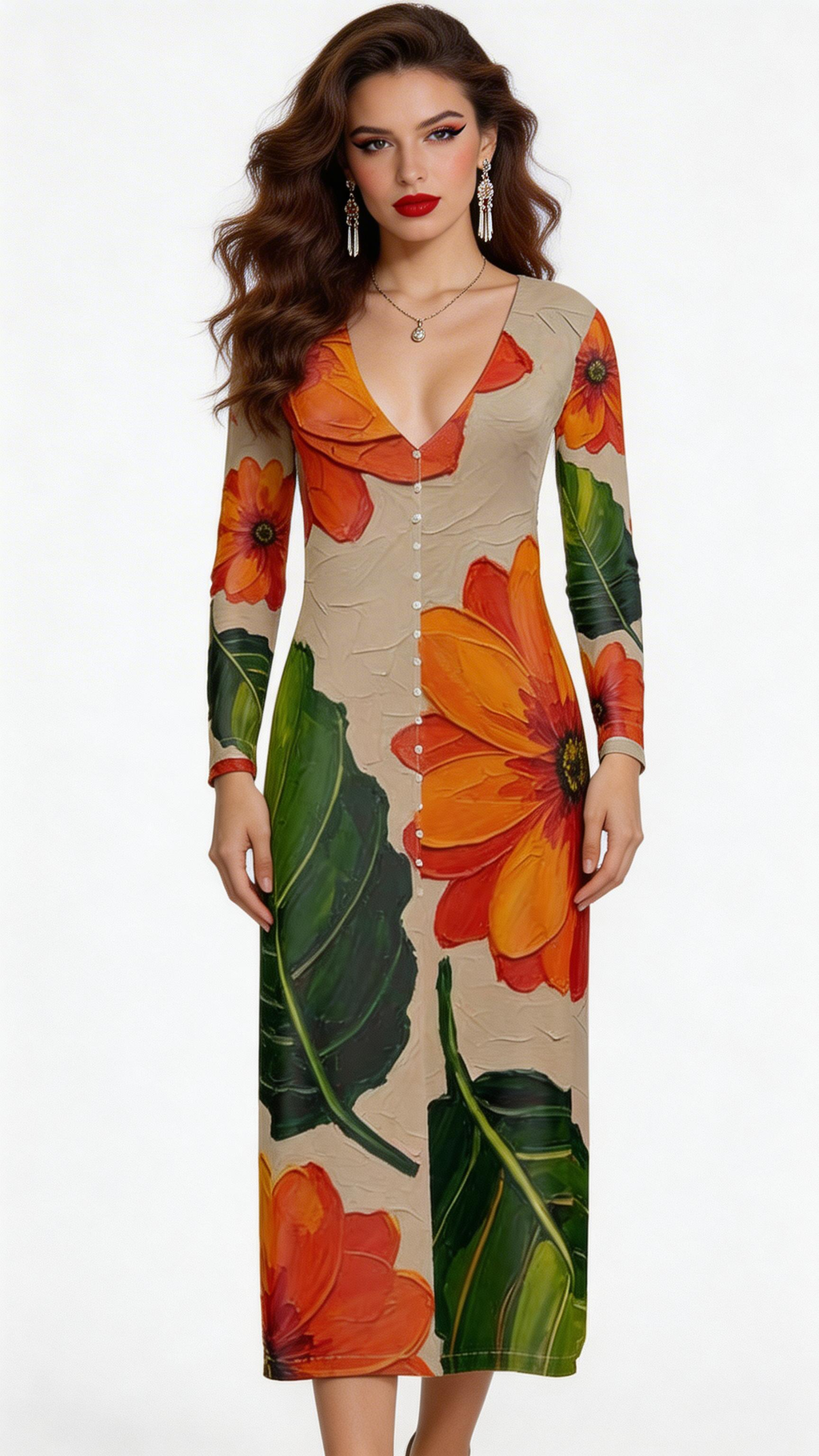 Rich and Rich Orange Floral Women's Jersey Knit Long Cardigan displayed on a mannequin