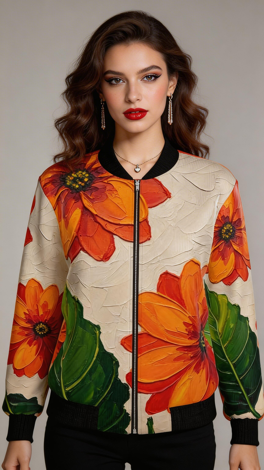 Rich and Rich Women's Reversible Orange Floral Silk Bomber Jacket displaying floral side