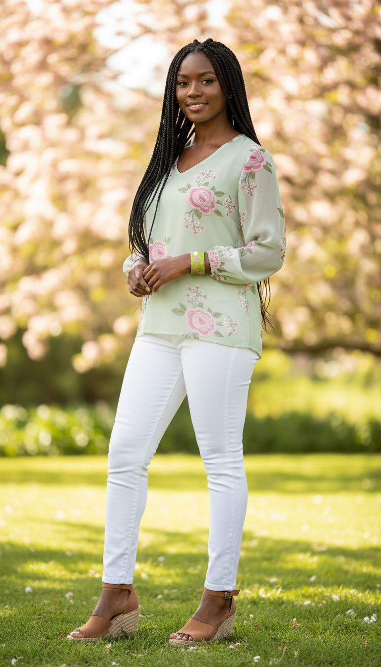 Rich and Rich Pink and Mint Green Floral Puff Sleeve Women's Blouse