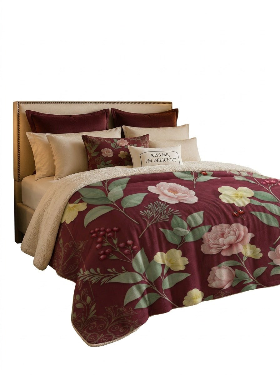 Rich and Rich Burgundy Botanical Sherpa Fleece Blanket Sherpa Fleece Blanket 90"x108" - Rich and Rich Homeopportunities