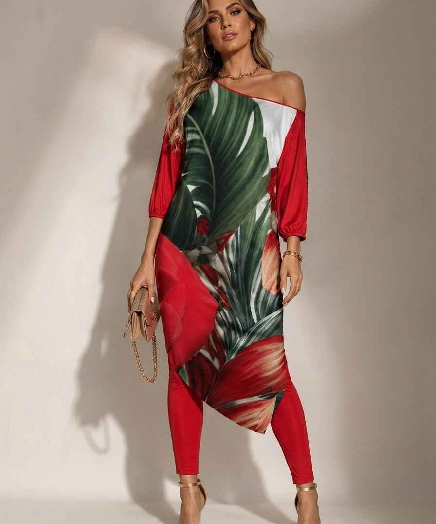 Women's off-shoulder two-piece set with diagonal safari green and red floral print