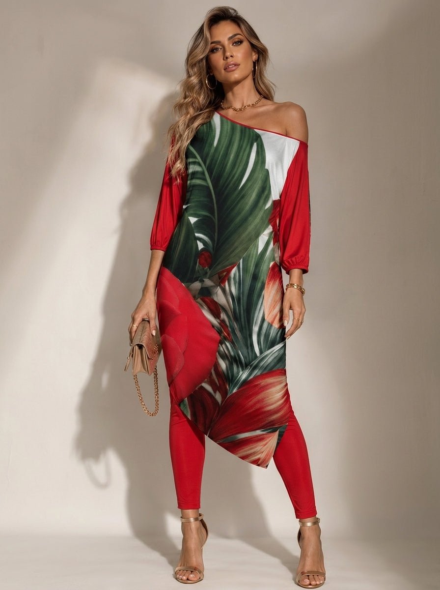 Rich and Rich Diagonal Safari Green Red Women's Off-Shoulder Two-Piece Set - Rich and Rich Homeopportunities