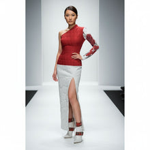 Load image into Gallery viewer, Rich and Rich Red and White Rose Half sleeve split dress One-Shoulder Slit Maxi Women&#39;s Dress
