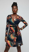 Rich and Rich Birdsong Multicolor Women's Black Wrap Dress with long sleeves and V-neckline