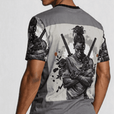 Grey long-sleeve men's T-shirt with ninja graphic and swords formed from black rose petals — product detail