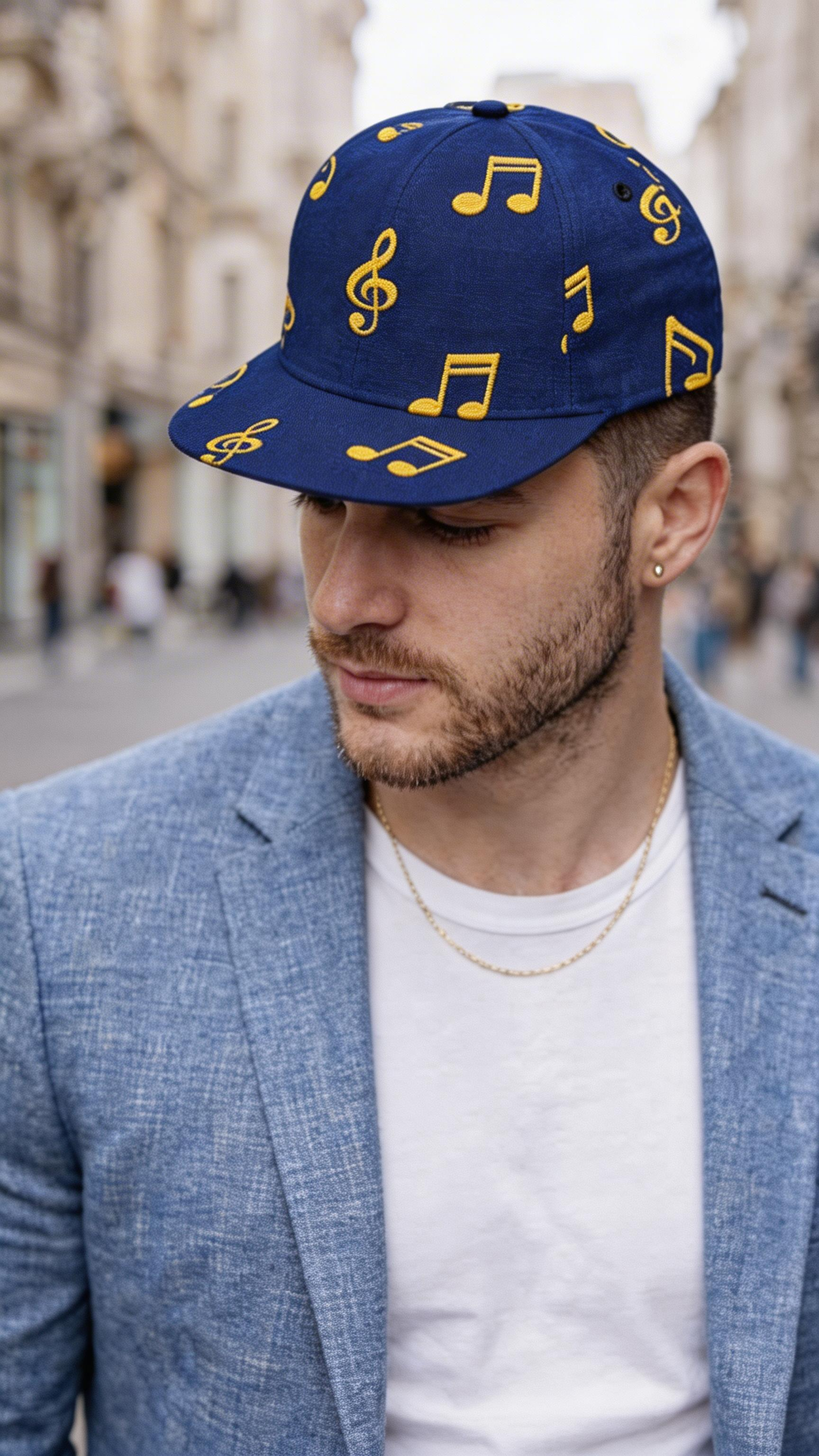 Man wearing a blue cap with yellow musical note patterns on a white background