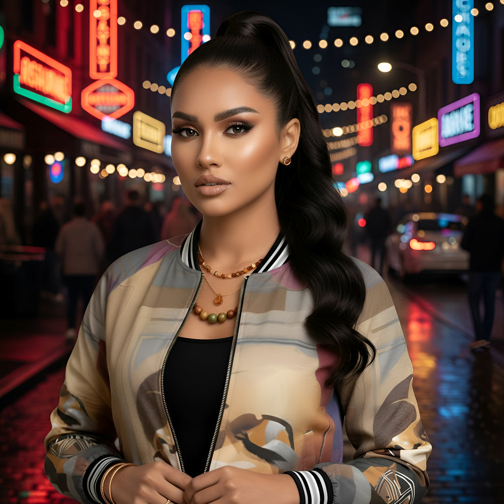 Rich and Rich Graphic Brown Caricature Bomber Jacket For Women