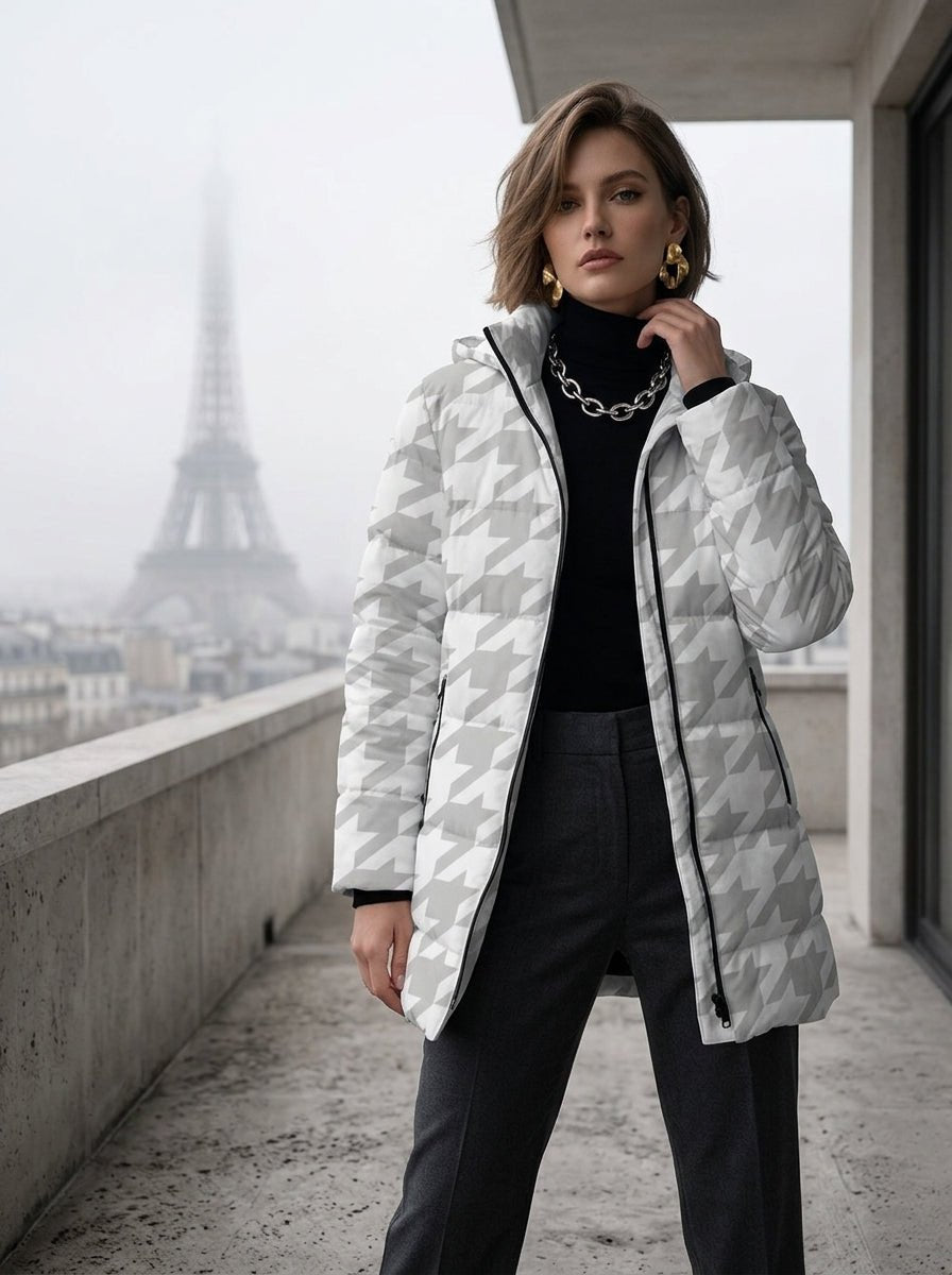 Rich and Rich Women's White Houndstooth Hooded Puffer Coat | Luxury Warm Winter Jacket with Detachable Hood - Rich and Rich Homeopportunities