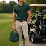 Green insulated golfing lunch bag with golf-inspired artwork and aluminum foil lining — side view