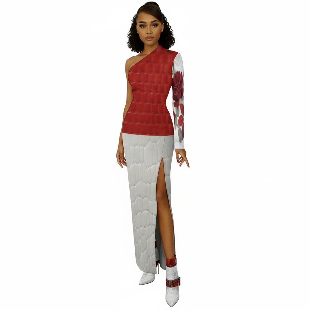 One-shoulder red and white rose maxi dress with padded shoulder and side slit — alternate view