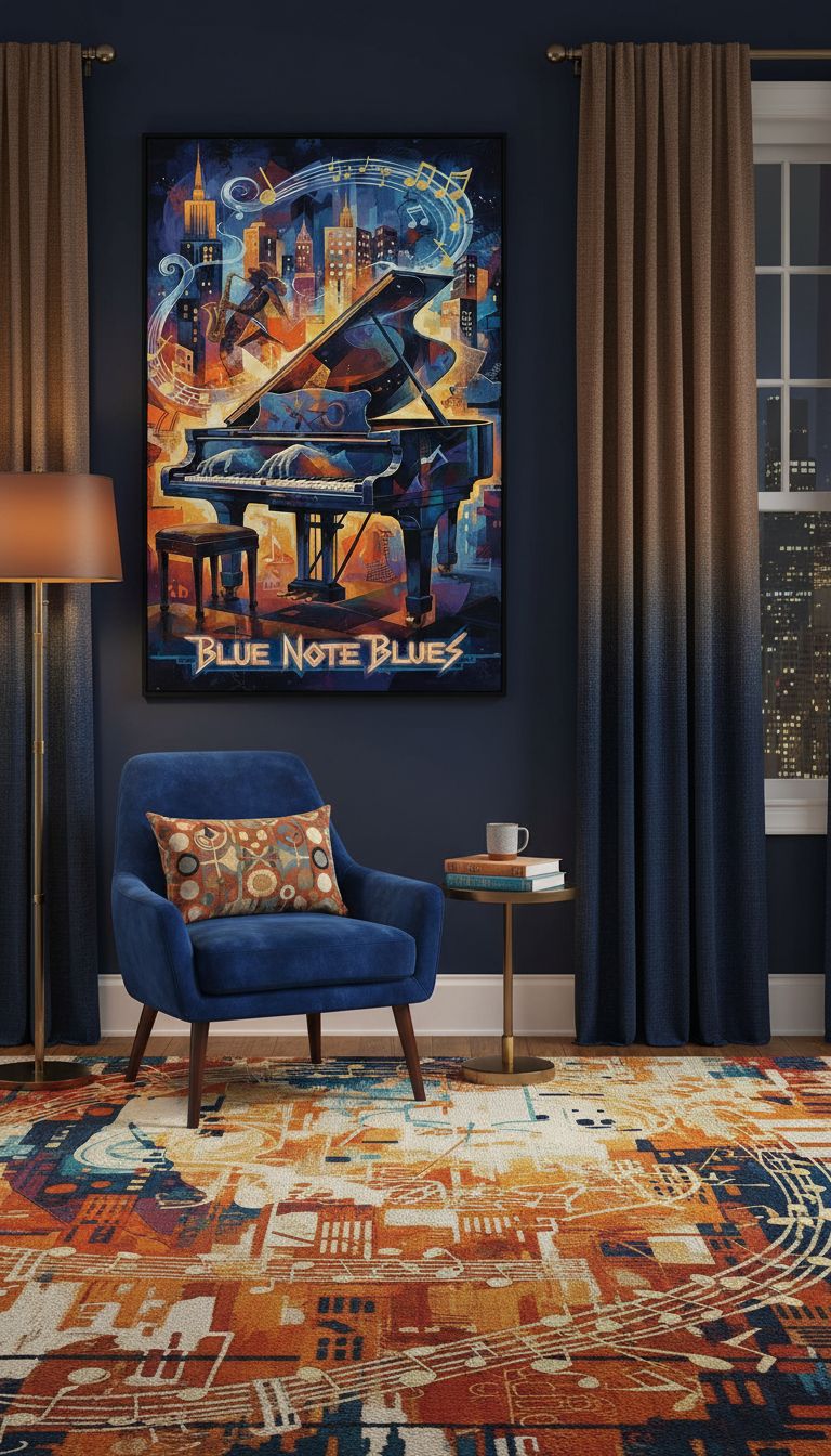 Rich and Rich Blue Note Blues 24x36 canvas wall art in blue tones hanging on a living room wall