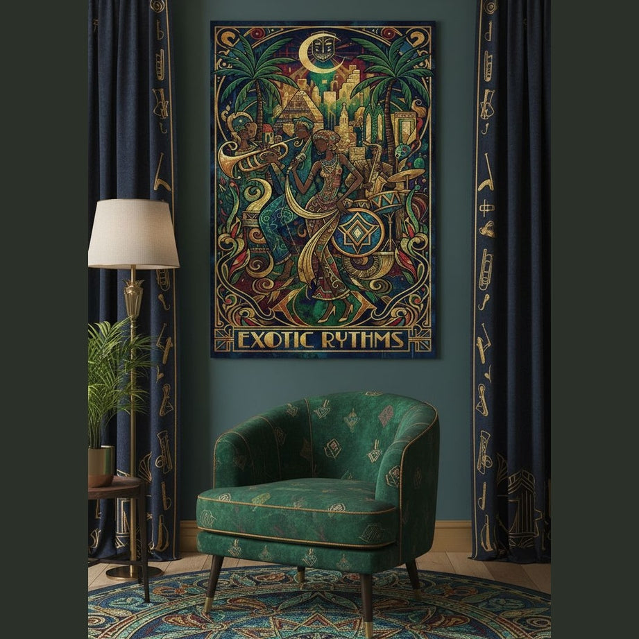 24 x 36 canvas wall art with hunters green exotic rhythms design and wooden frame