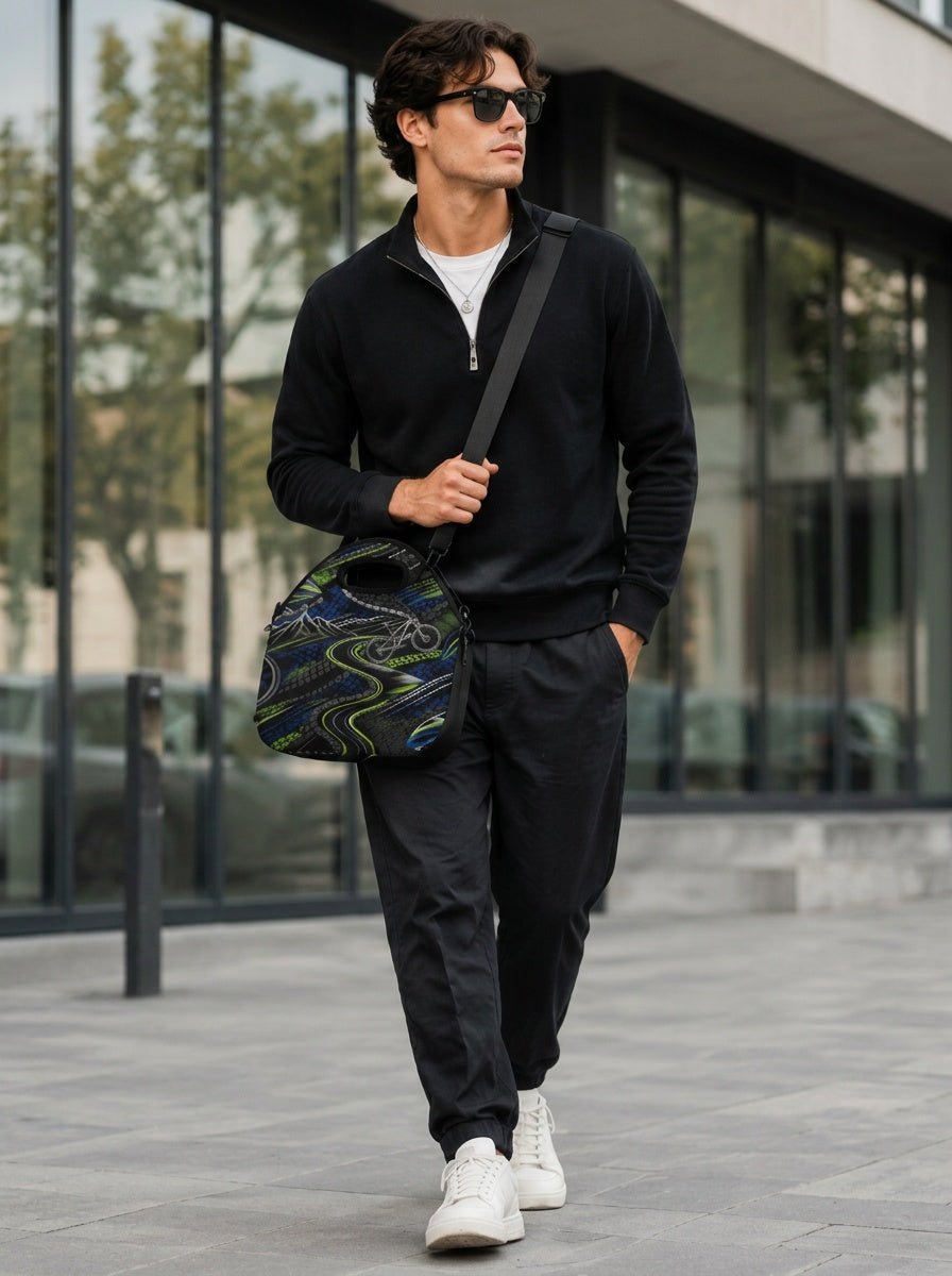Man carrying black cycling-themed neoprene lunch bag over shoulder
