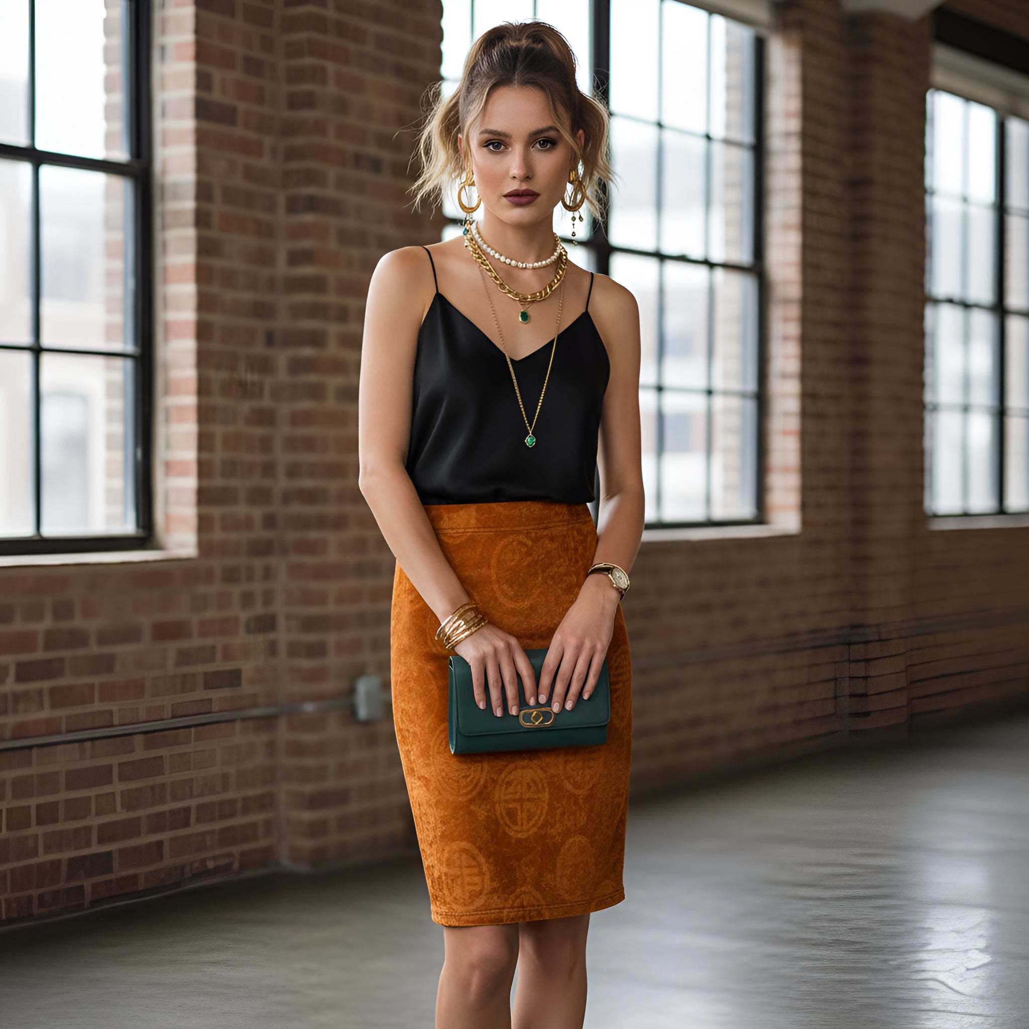 High-waisted orange pencil skirt with center back seam and rear slit — additional view 7