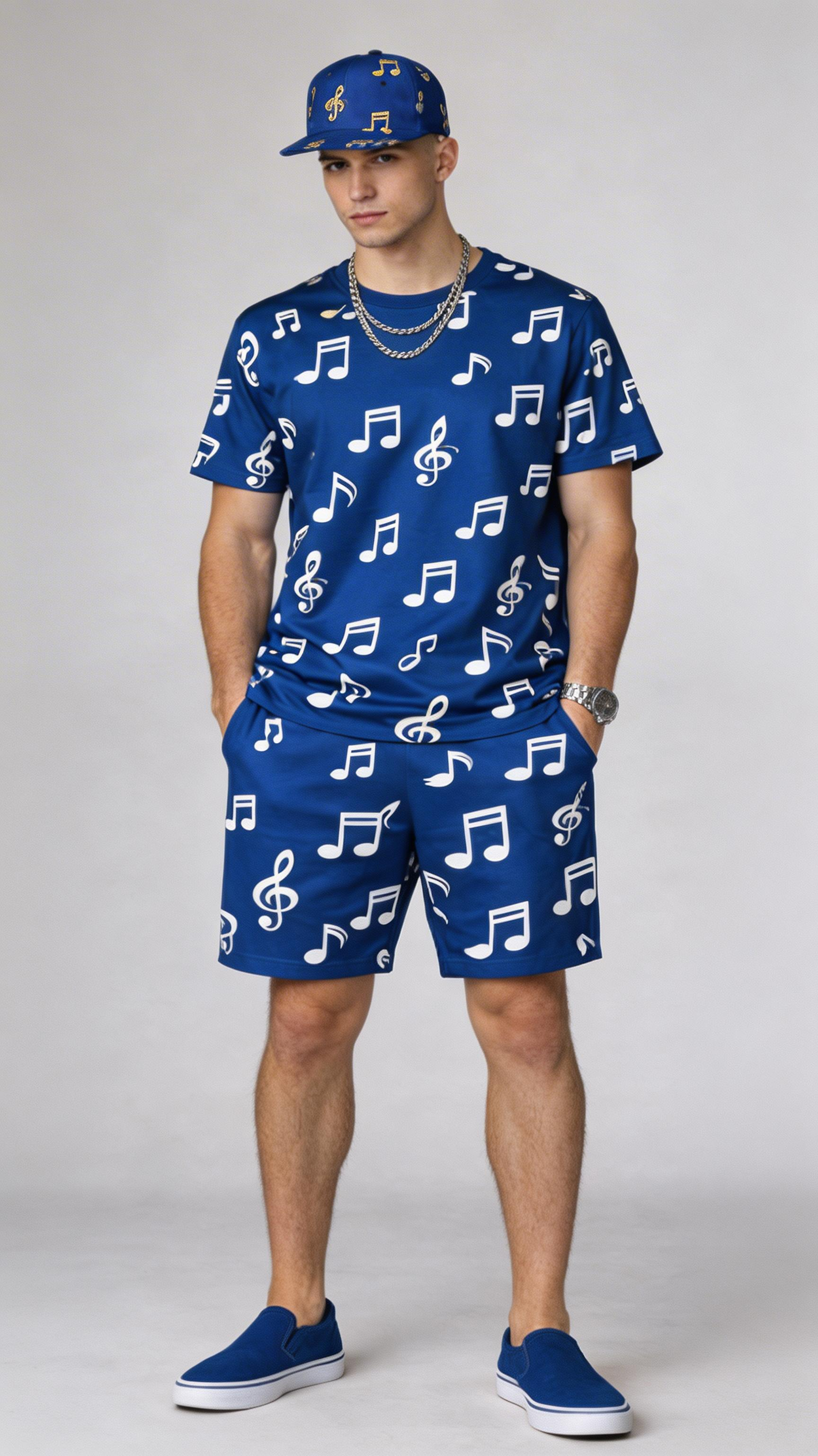 Person wearing a blue outfit with music note patterns on a gray background
