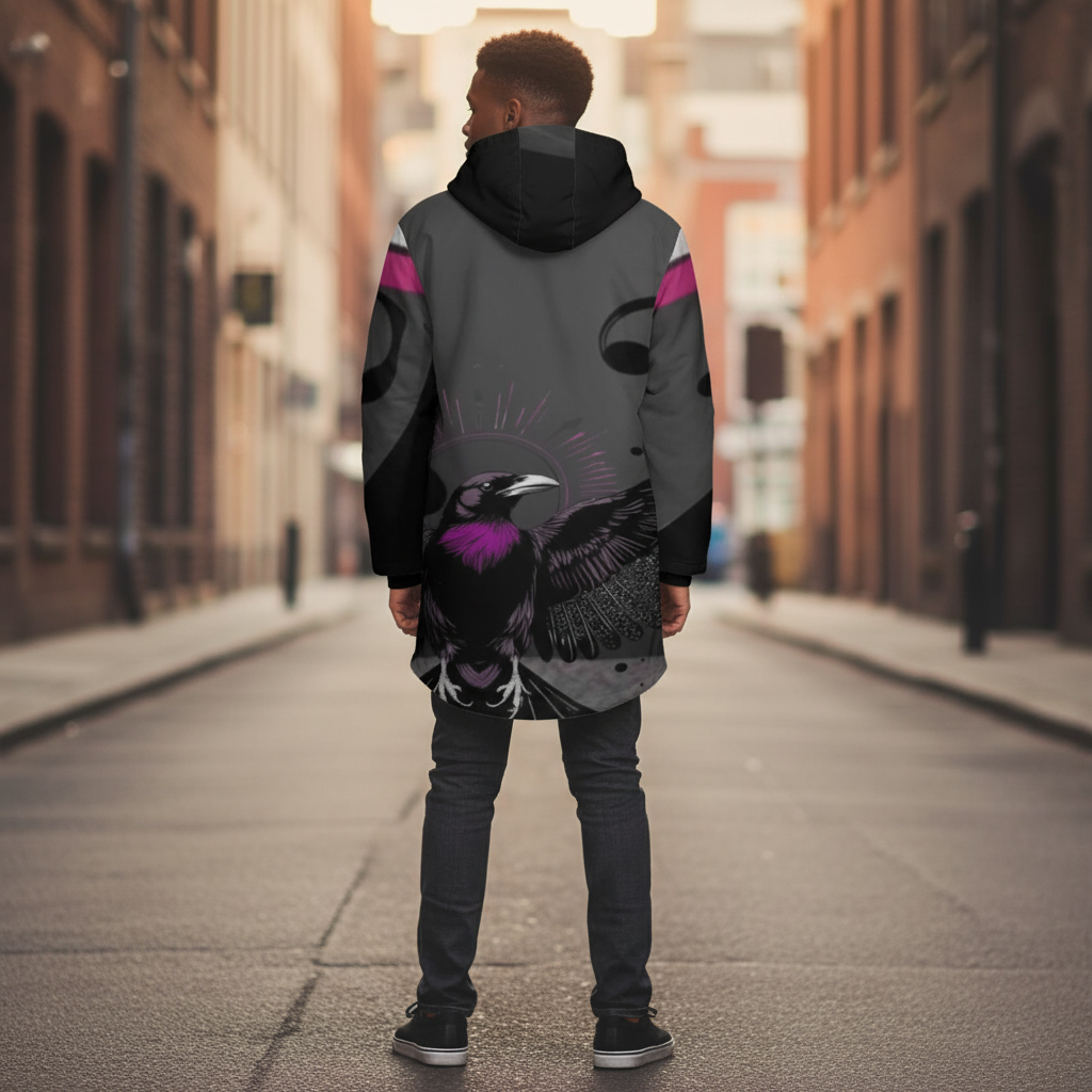 Men's mid-length magenta and gray fleece-lined jacket with black zipper and ribbed cuffs