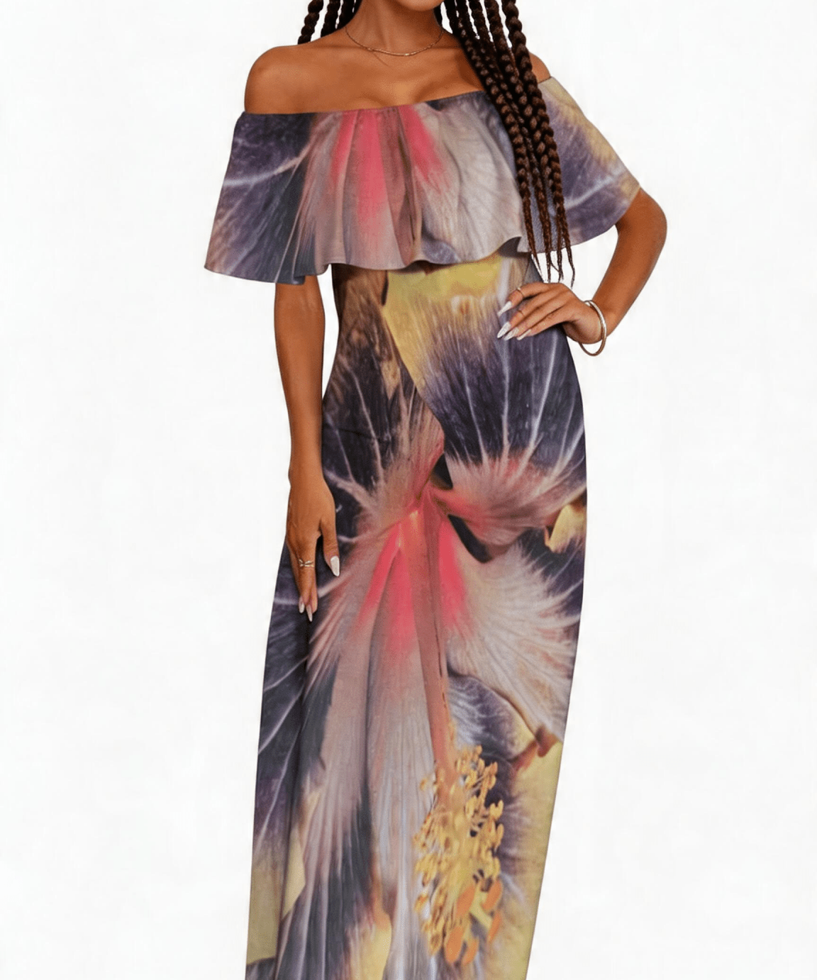 Women's off-shoulder multicolor purple floral long dress with ruffle boat neck