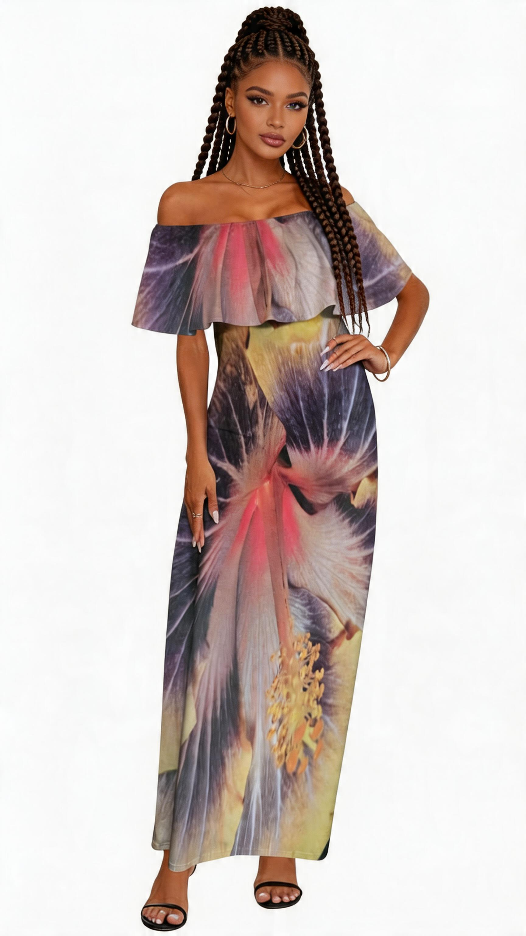 Rich and Rich Women's  Off Shoulder Exotic Multicolor Purple Flower Dress