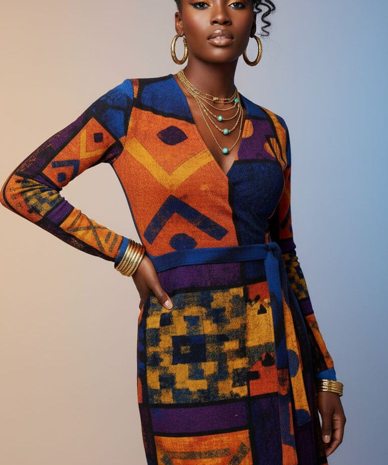 Orange patterned women's wrap dress with V-neck and adjustable waist tie