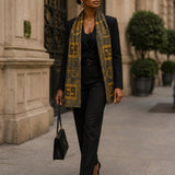 Yellow Paris chiffon scarf with Grounded Earth mudcloth-inspired geometric design and gold-thread hem — additional view 8