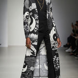 Black and white ladies V-neck cardigan with feng shui motif and button-through front