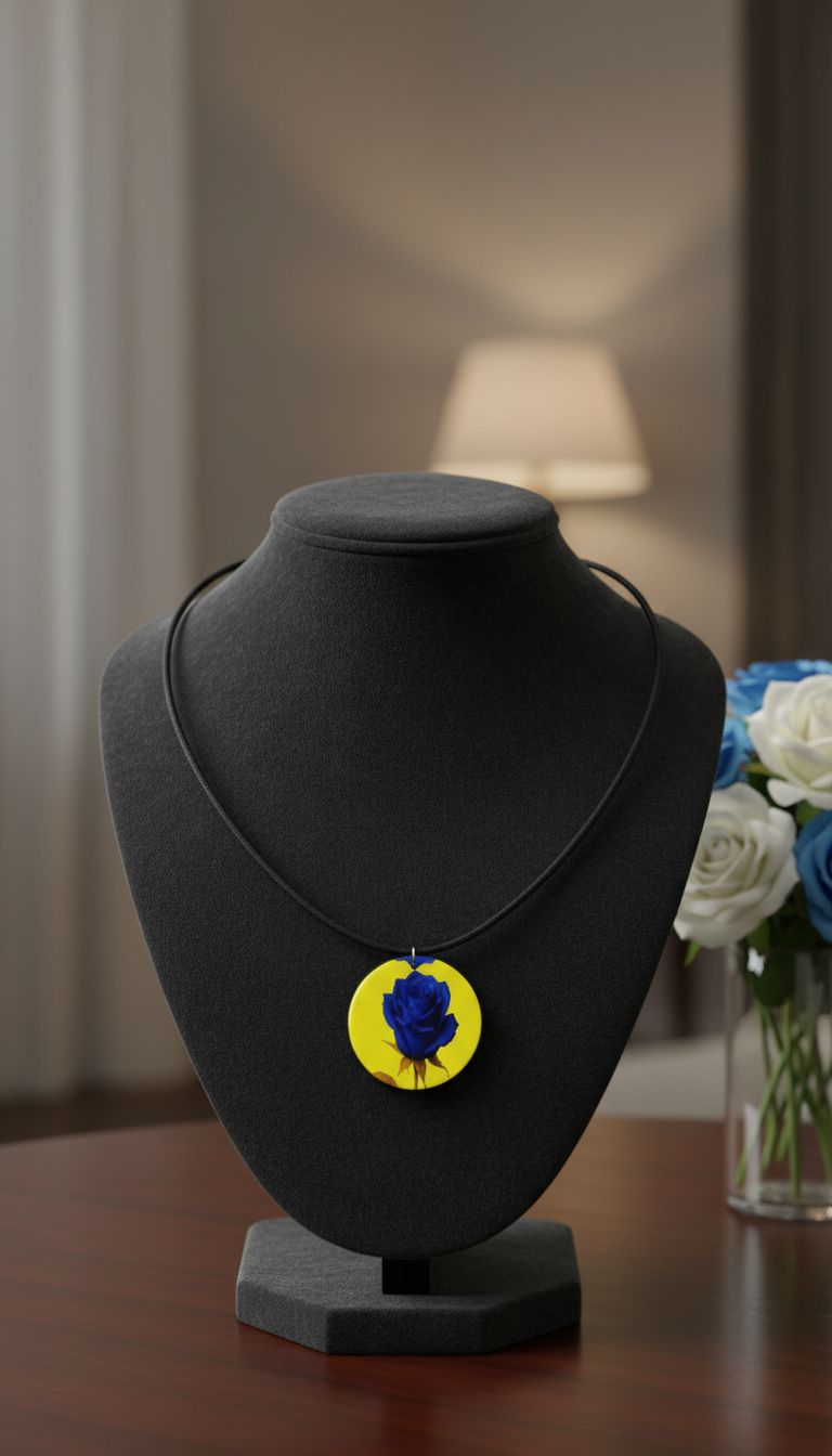 Organic-shaped wooden pendant with yellow and blue rose print on a black faux suede cord and silver clasp — rear view