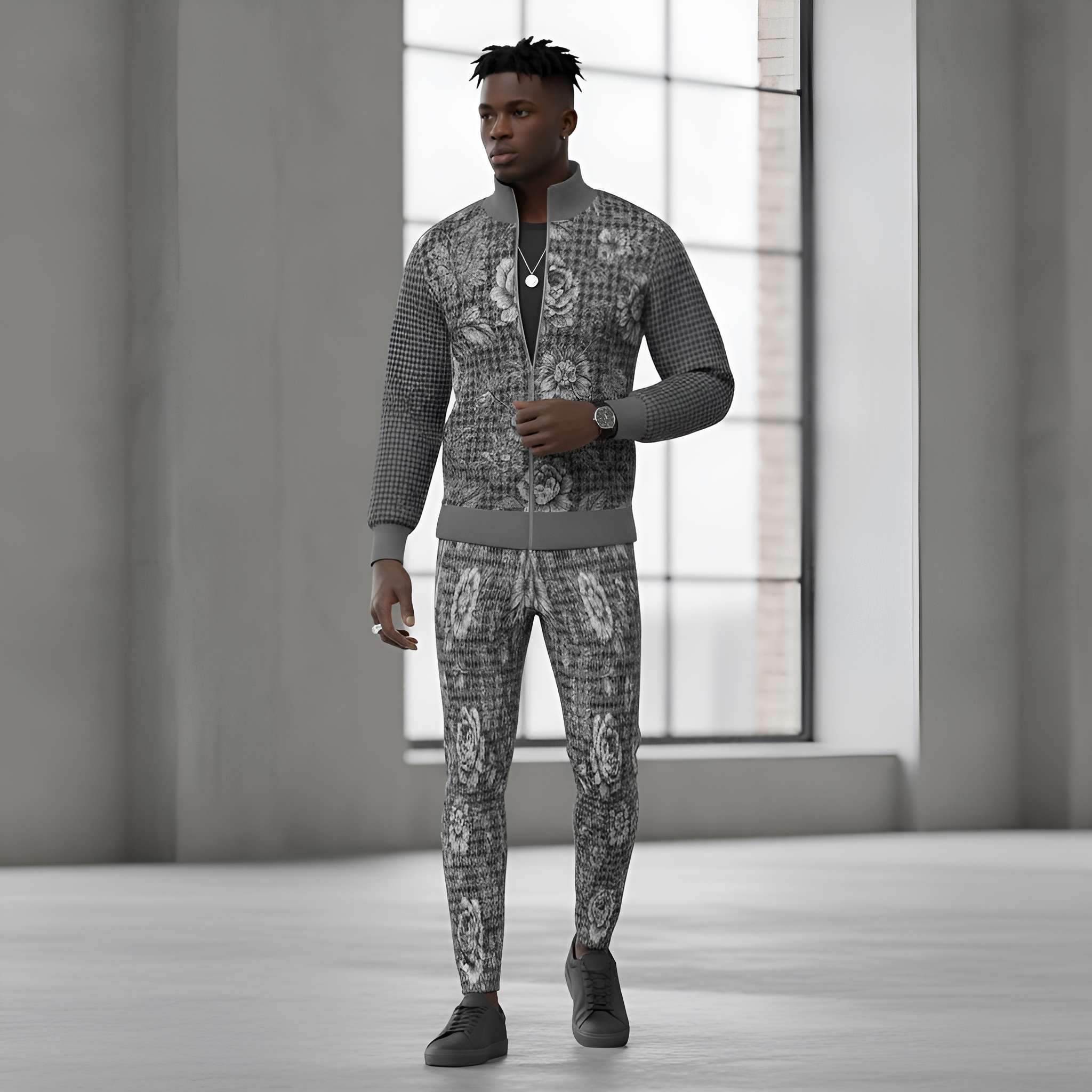 Gray floral men's tracksuit trousers with elastic waistband and zip details