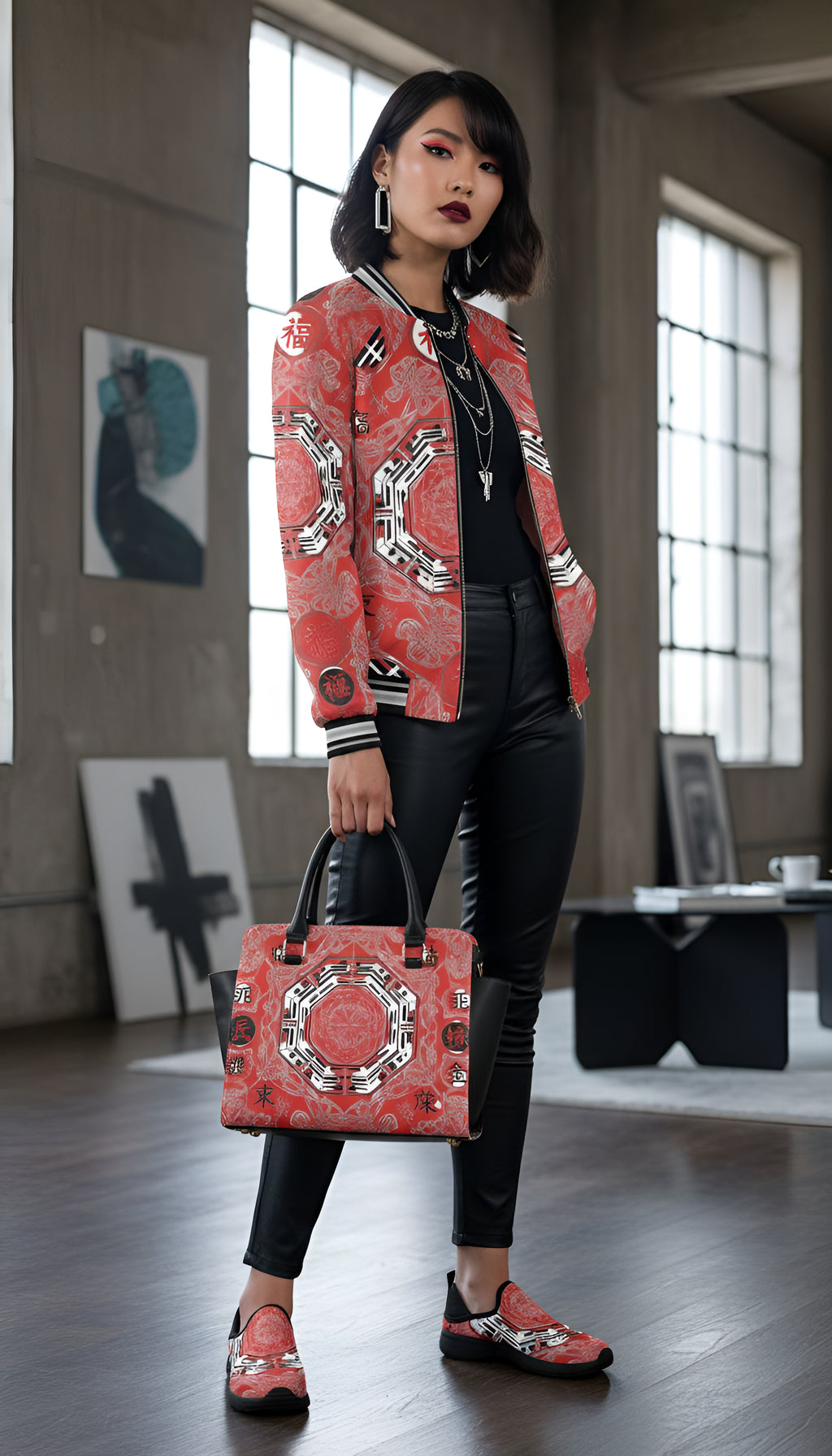 Rich and Rich Red Feng Shui Bomber Jacket for Women with zip front and elastic cuffs