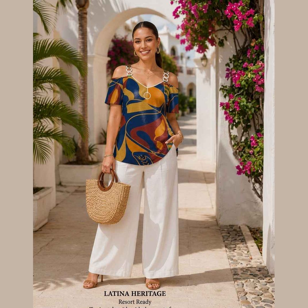 Rich and Rich Blue Multicolor Women's V-Neck Chain Strap Off Shoulder Top - Rich and Rich Homeopportunities