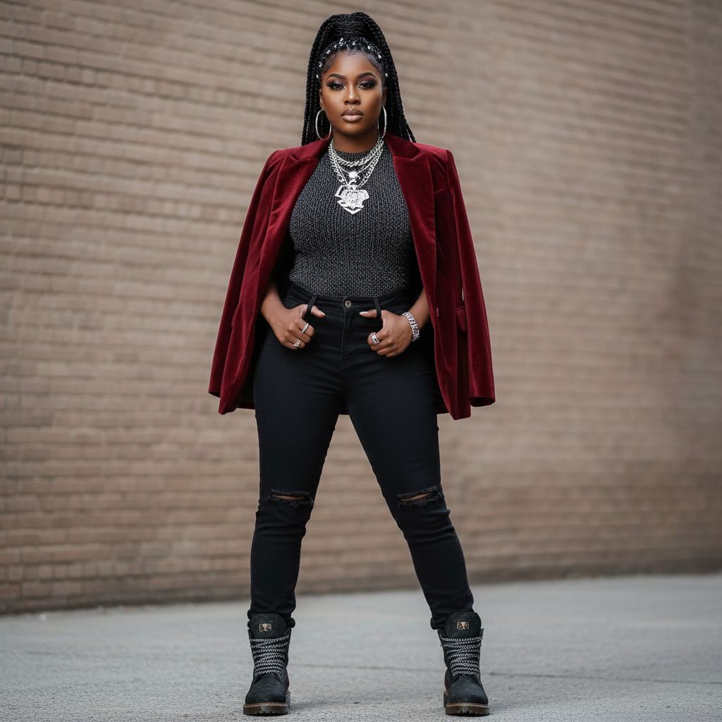 Black and red high-top women's boot with lugged sole and oversized logo tongue