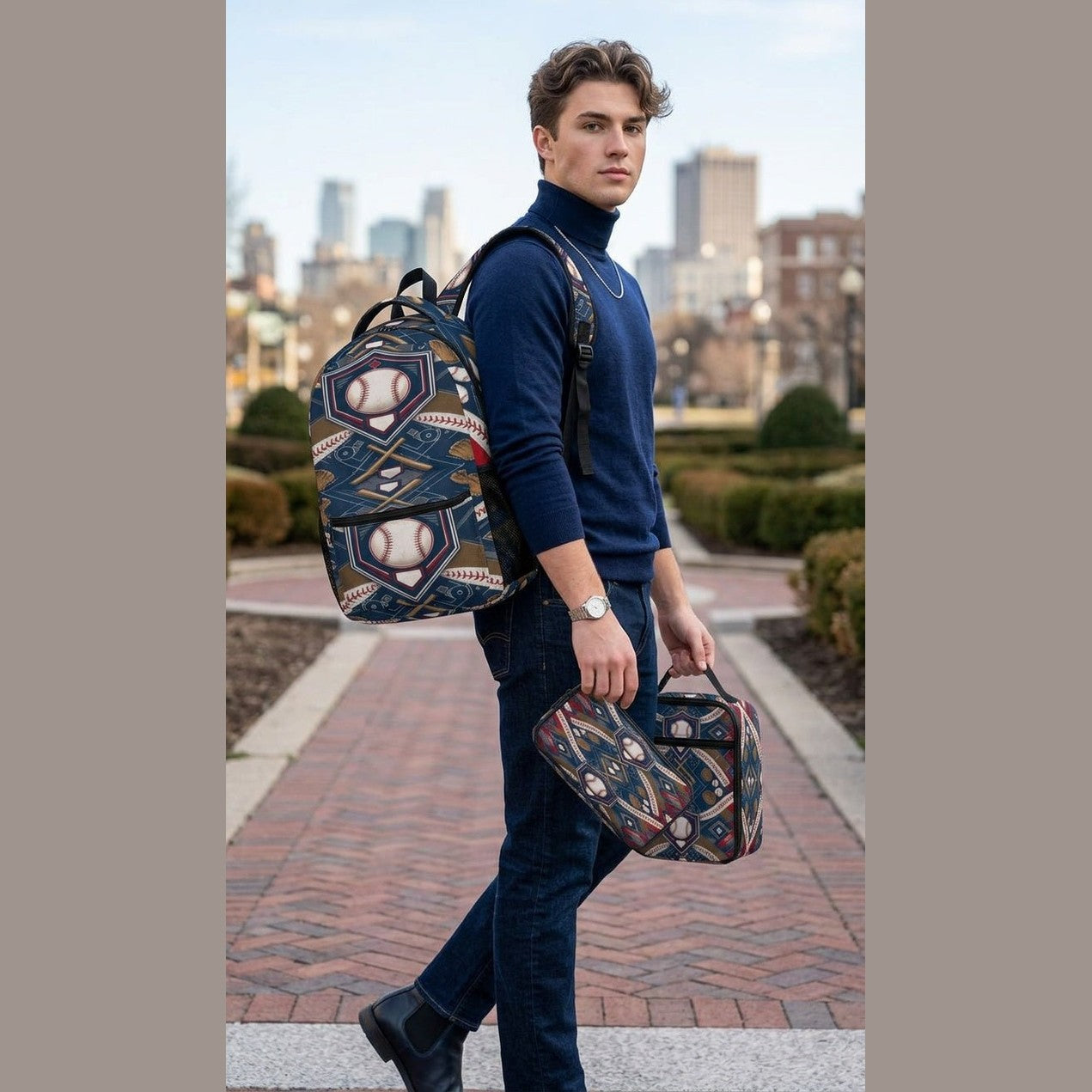 Blue baseball-themed three-piece backpack set with backpack, insulated lunch bag, and pencil case — alternate view