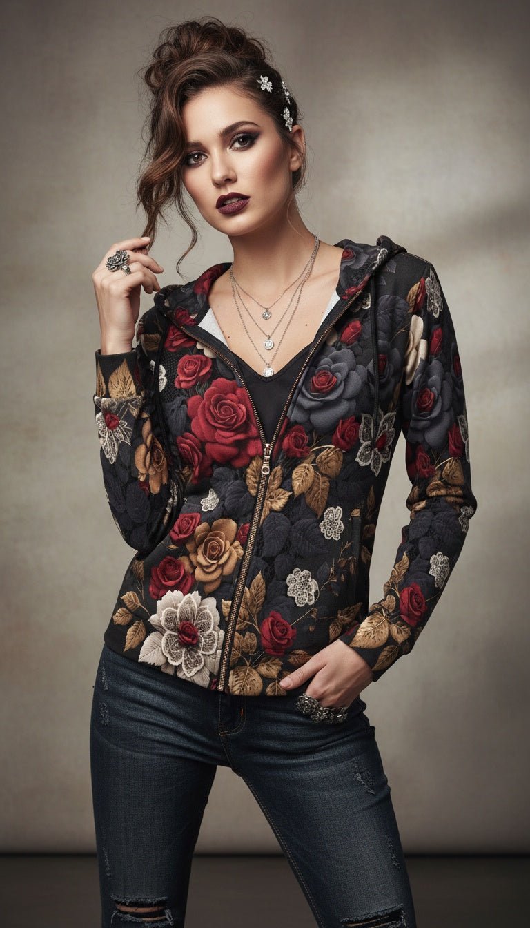 Women's red full-zip hoodie with autumn floral print, taped neck and shoulders — side view