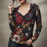 Women's red full-zip hoodie with autumn floral print, taped neck and shoulders — side view