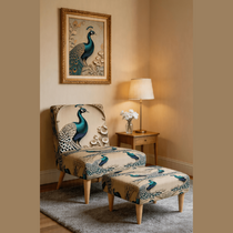 Velour occasional chair with peacock print upholstery, compact accent armchair handmade in the UK