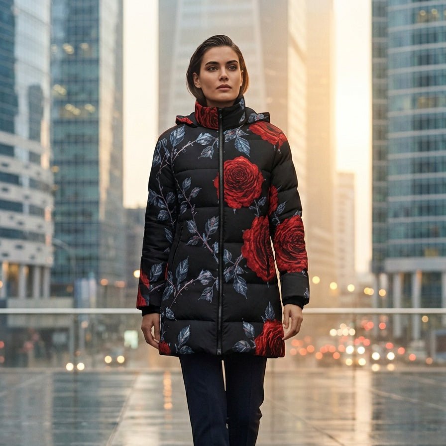Rich and Rich Women's Black Hooded Puffer Coat with Red Roses | Luxury Floral Winter Jacket with Detachable Hood - Rich and Rich Homeopportunities